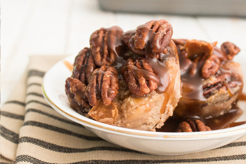 Pecan Pie Bread Pudding Bites with Bourbon Caramel Sauce