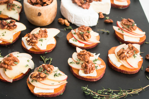 Sweet Potato Apple and Brie Crostini with Candied Walnuts