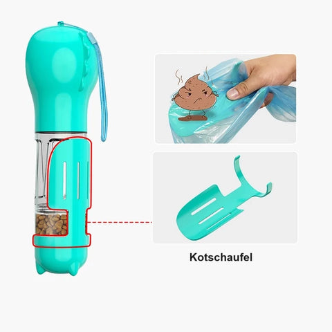 Portable dog water bottle with food dispenser and poop bag / Minikauf.ch