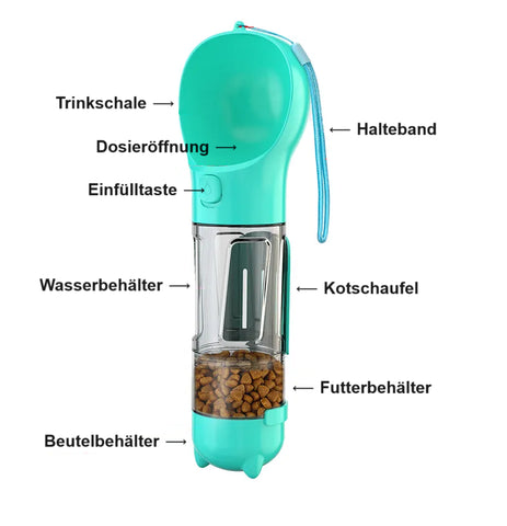 Portable dog water bottle with food dispenser and poop bag / Minikauf.ch