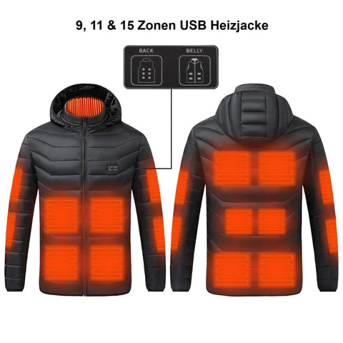 Black USB heated jacket with hood, 9-21 heated areas / Minikauf.ch