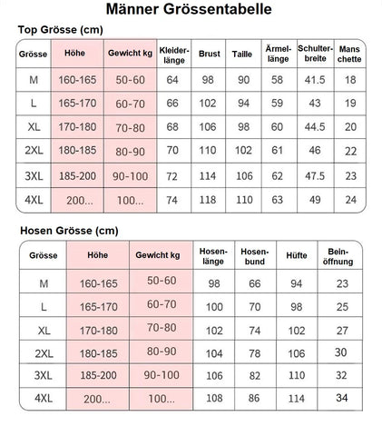 USB heated thermal clothing, size chart / Minikauf.ch