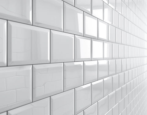 White Ceramic Subway Tiles In A Bathroom. Close Up Shot. White And Glossy