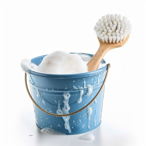 Blue Metal Bucket Full With Soapy Water And White And Wooden Soft Bristled Brush