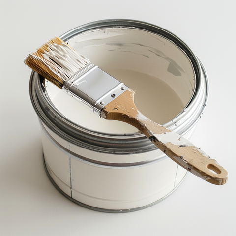 White Metal Tin Container White Primer With Wooden Paintbrush Rested On Top