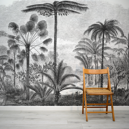 Arthur etched tropical wallpaper mural with a trendy boho rattan chair