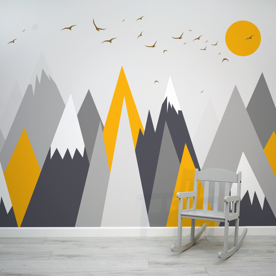 Cative Grey & Yellow Mountains Wall Mural | WallpaperMural.com