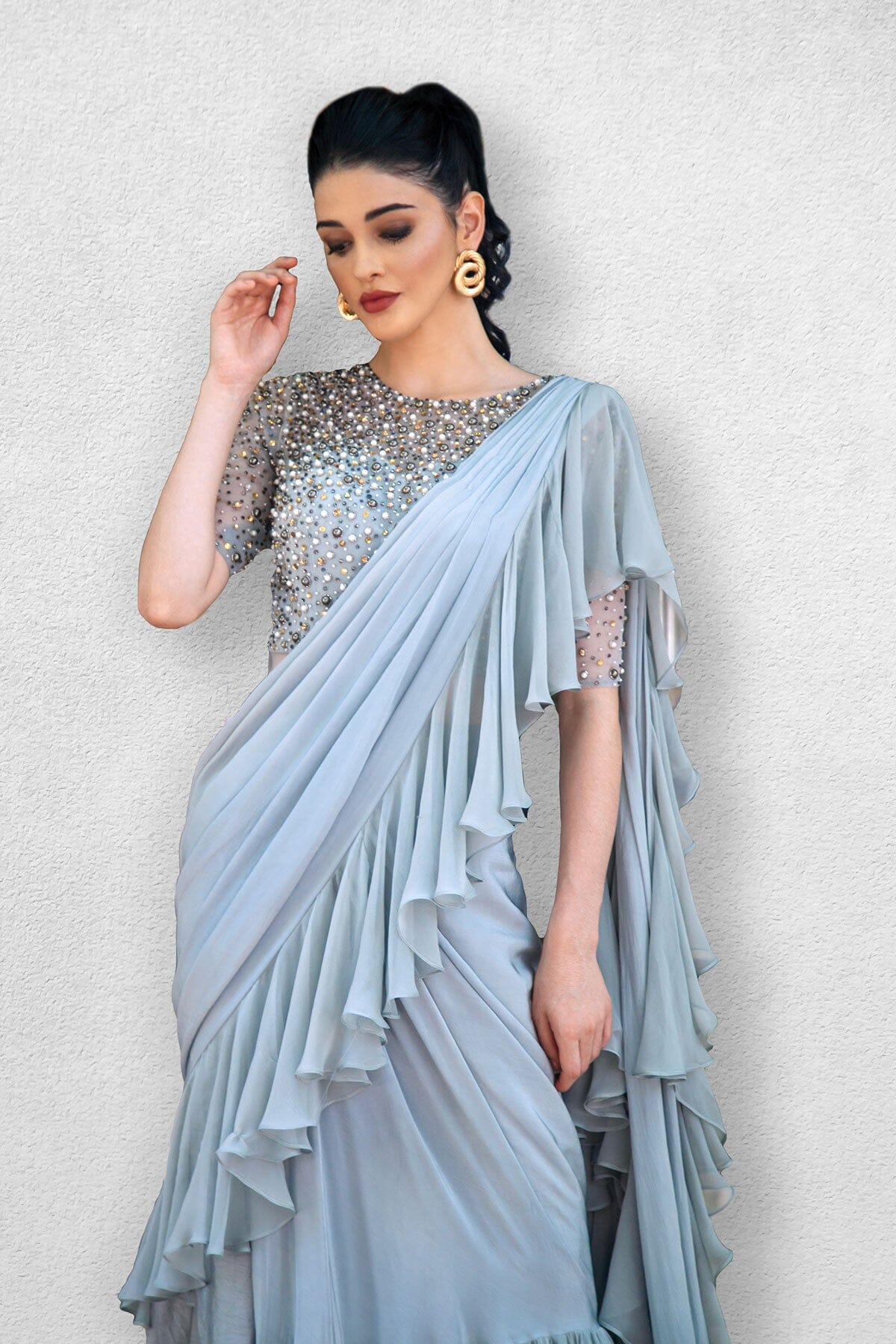 Indigo Blue Draped Ruffle Saree | WaliaJones