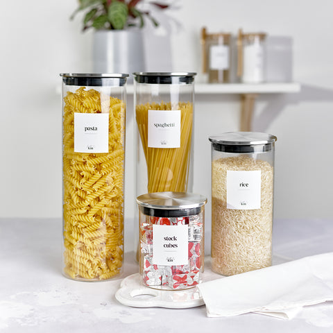 Kath and Kin Glass Jars with stainless steel lids and custom personalised wording, part of the new contemporary collection