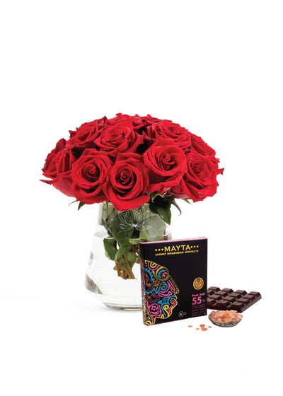 50 Ecuadorian Roses + 12 Dark Chocolate Bars | Blooming Emotions
