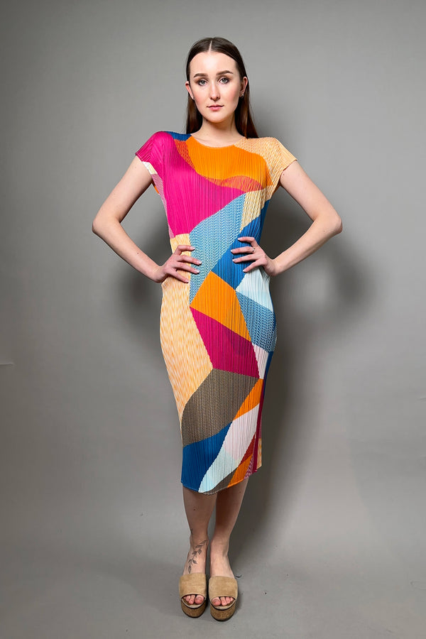 Pleats Please Issey Miyake Crossroad Dress in Orange and Blue