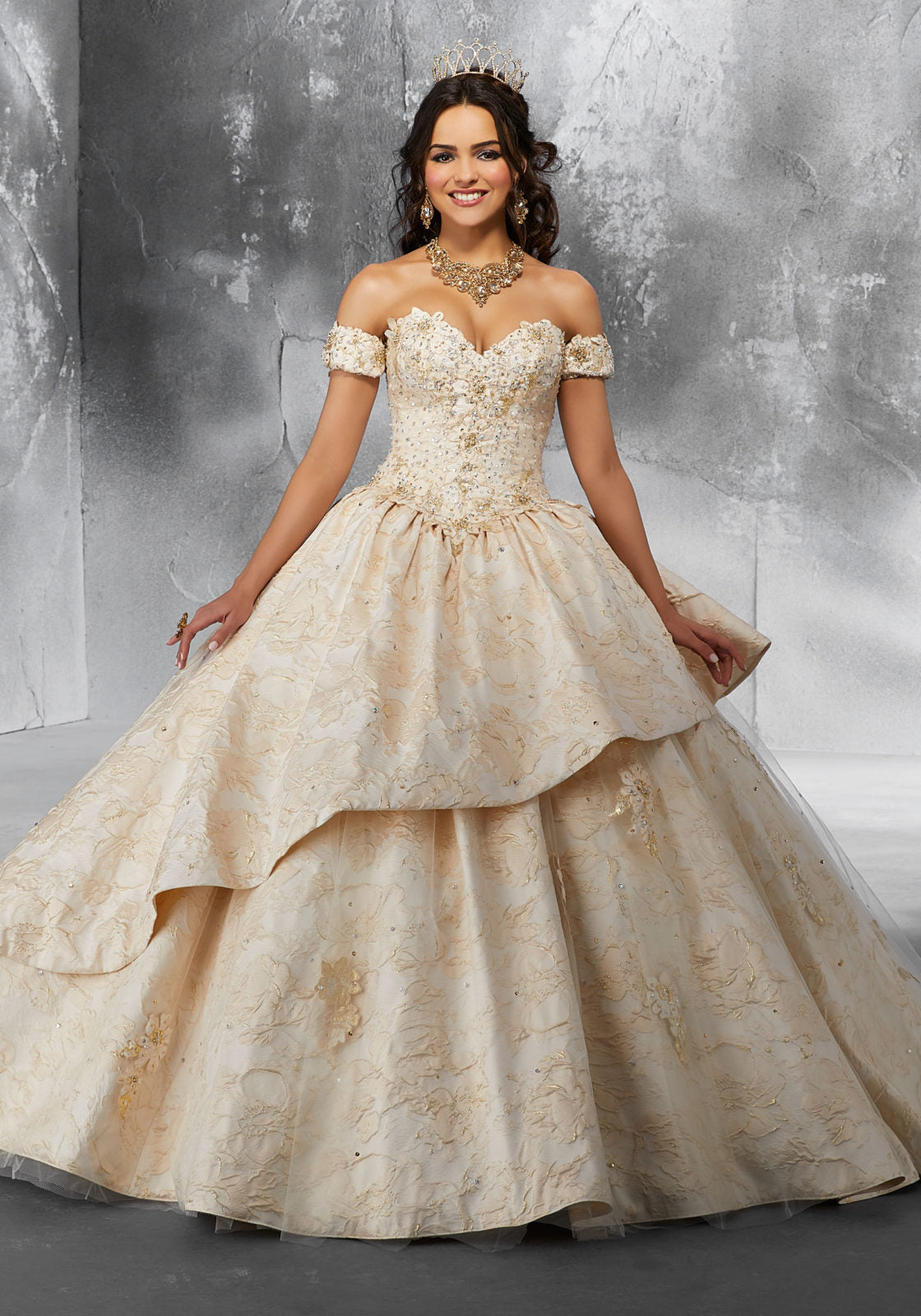 embroidered sequin overlay skirt ball gown