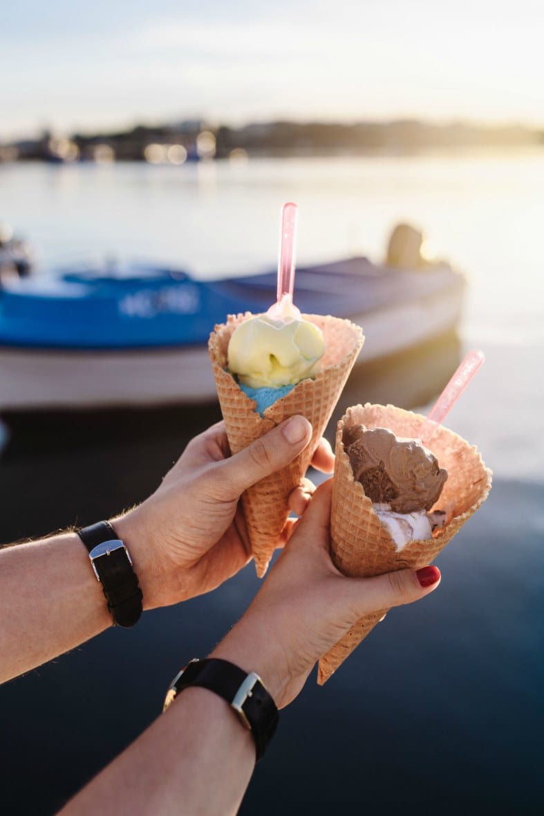 Waffle cones of ice cream on a harbour.