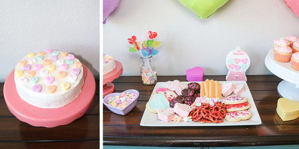 Conversation Heart Cake and Food Table