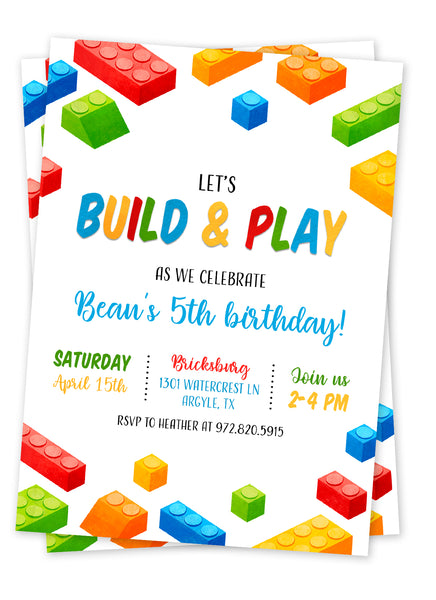 Watercolor building blocks birthday party invitation
