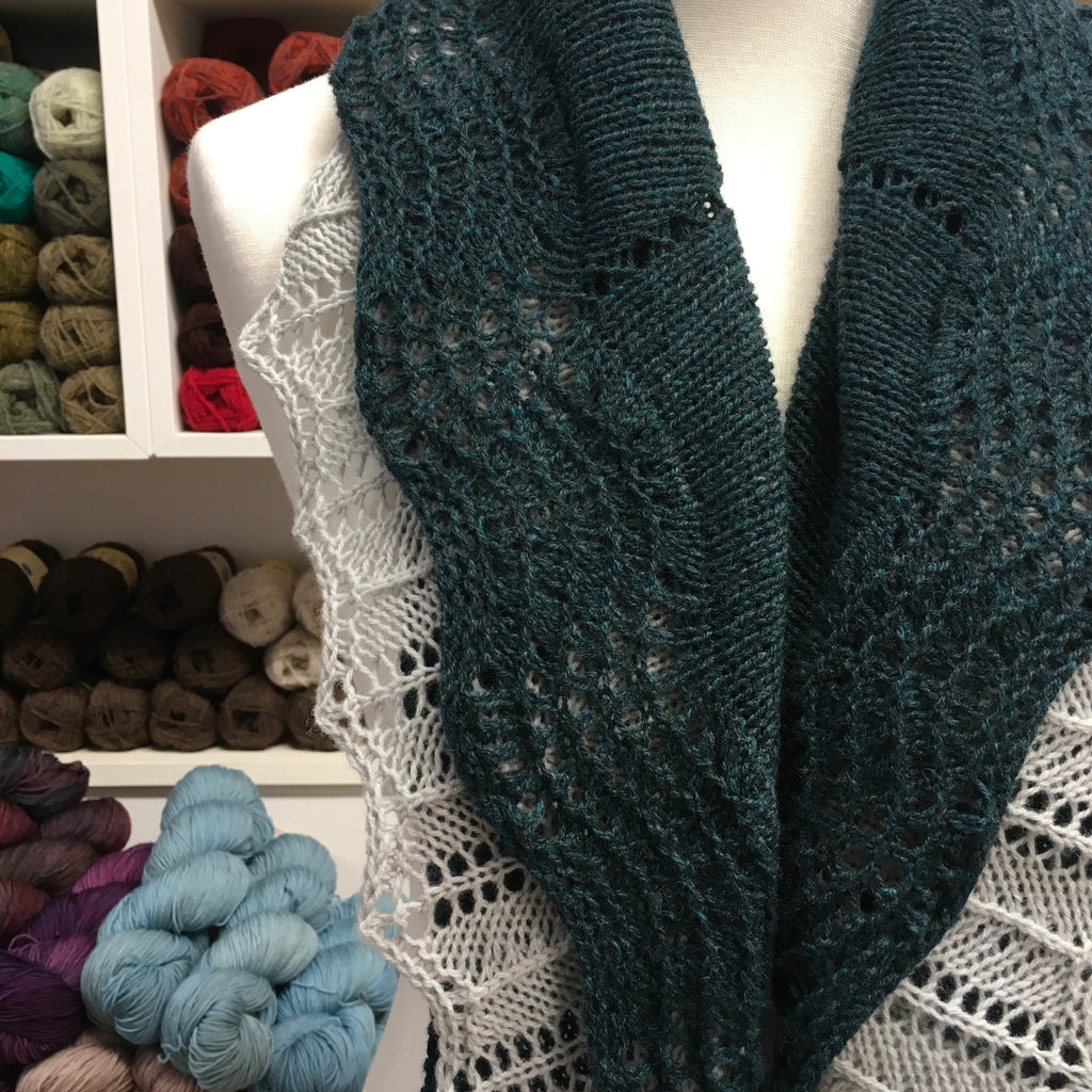 double edged shawl in bluey green and silver