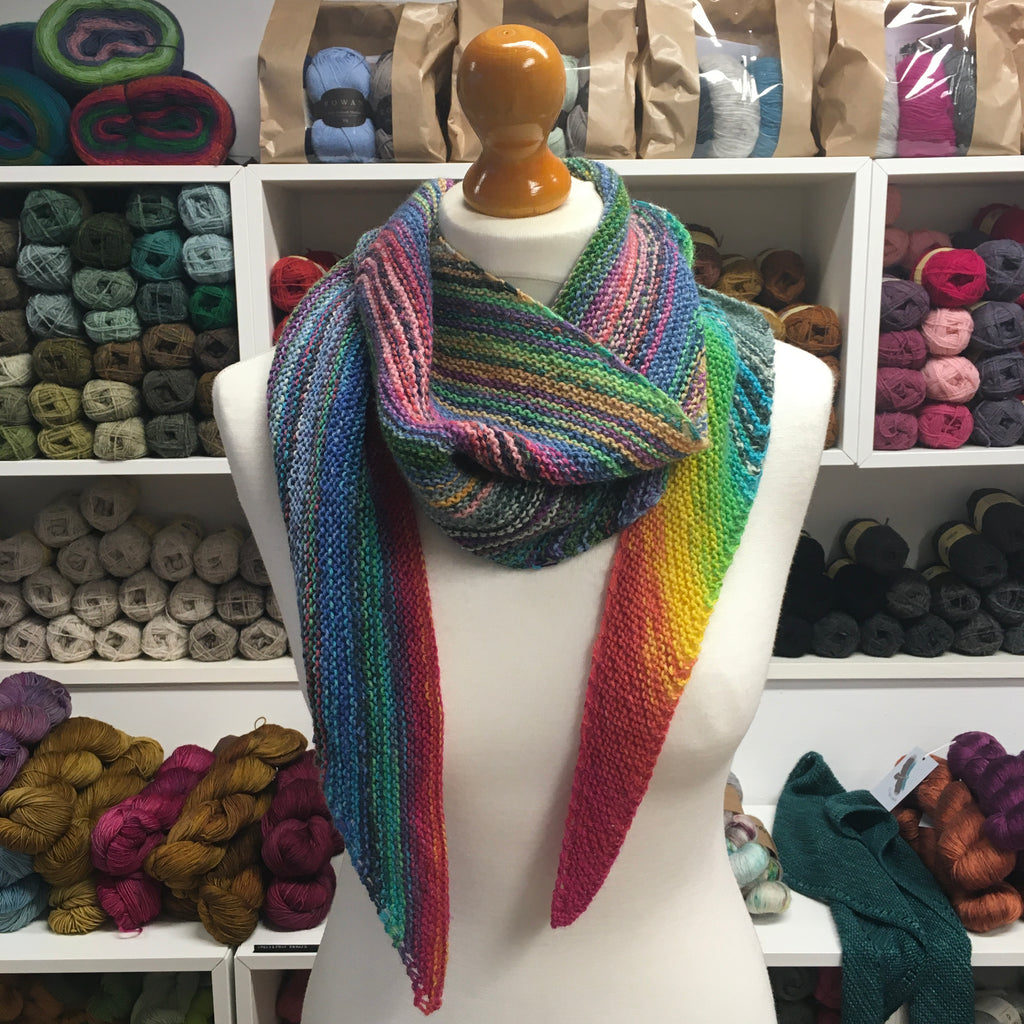 colourful asymmetrical Scarf using 10 mini balls of socks yarn 