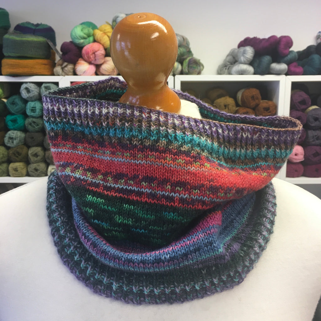 a stripey cowl using mini balls of opal 4ply sock yarn at the woolly brew