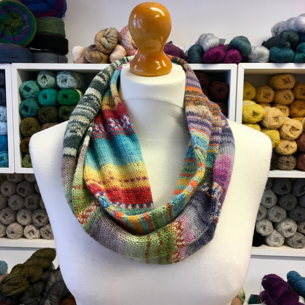 tube cowl in mini balls of opal sock yarn at the woolly brew