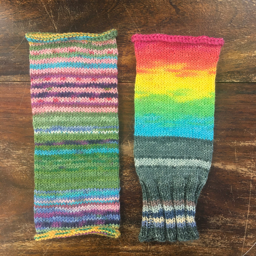 two stripey wristwarmers using mini balls of opal sock yarn at the woolly brew