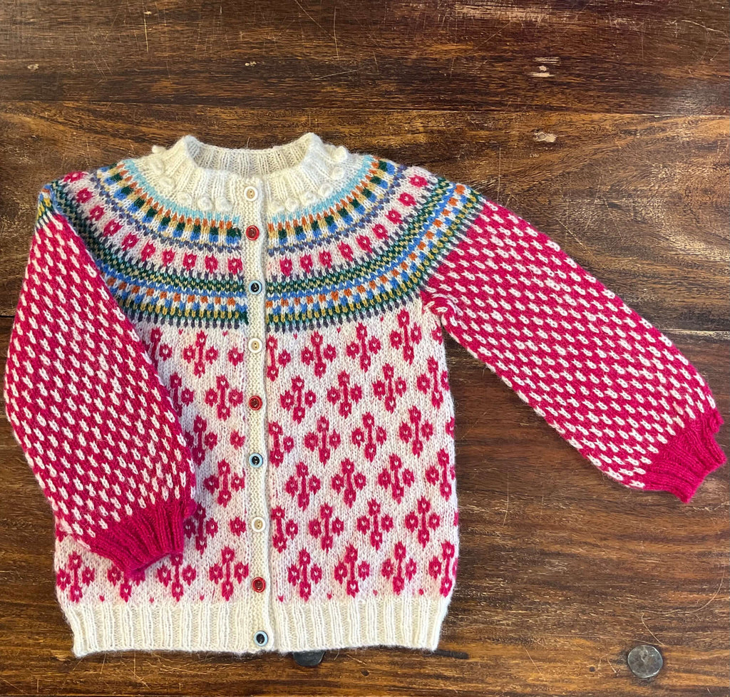 childs stranded colour work jumper in white and pink