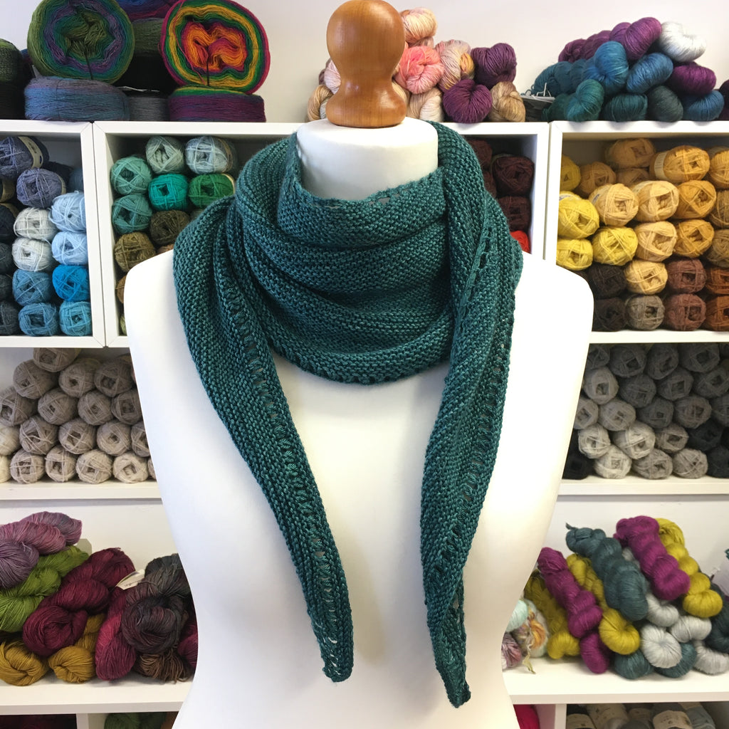 iolair yarn gigha simple shawl wrapped around at the woolly brew
