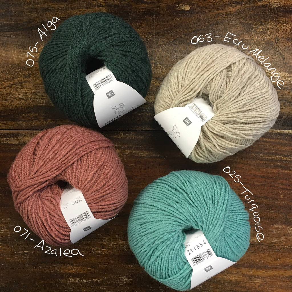 4 balls of Rico Baby Classic DK in pine green, dark dusty rose, turquoise and beige