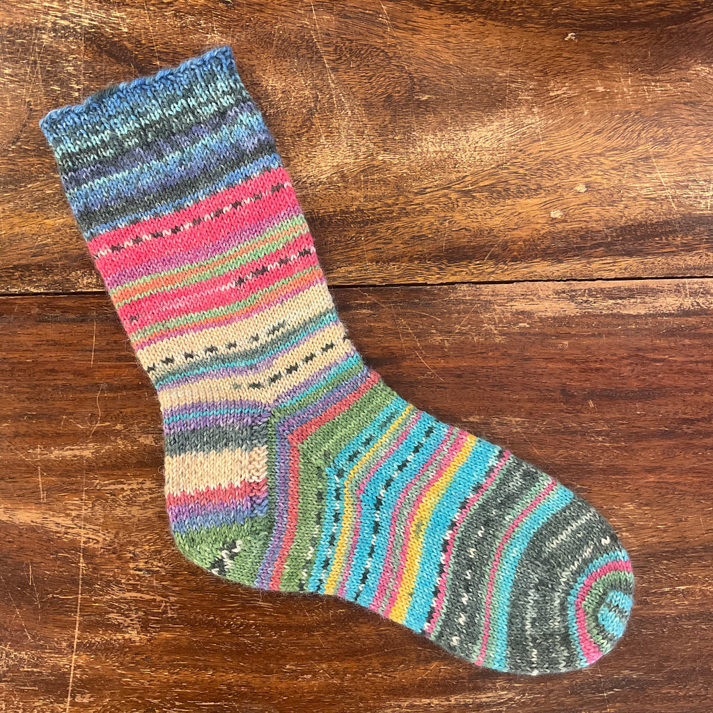 multicoloured sock made with opal mini balls of sock yarn