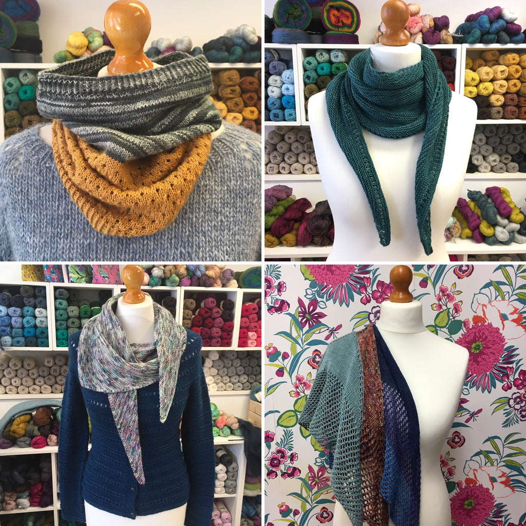 4 knitting patterns - cowl, scarf and shawls