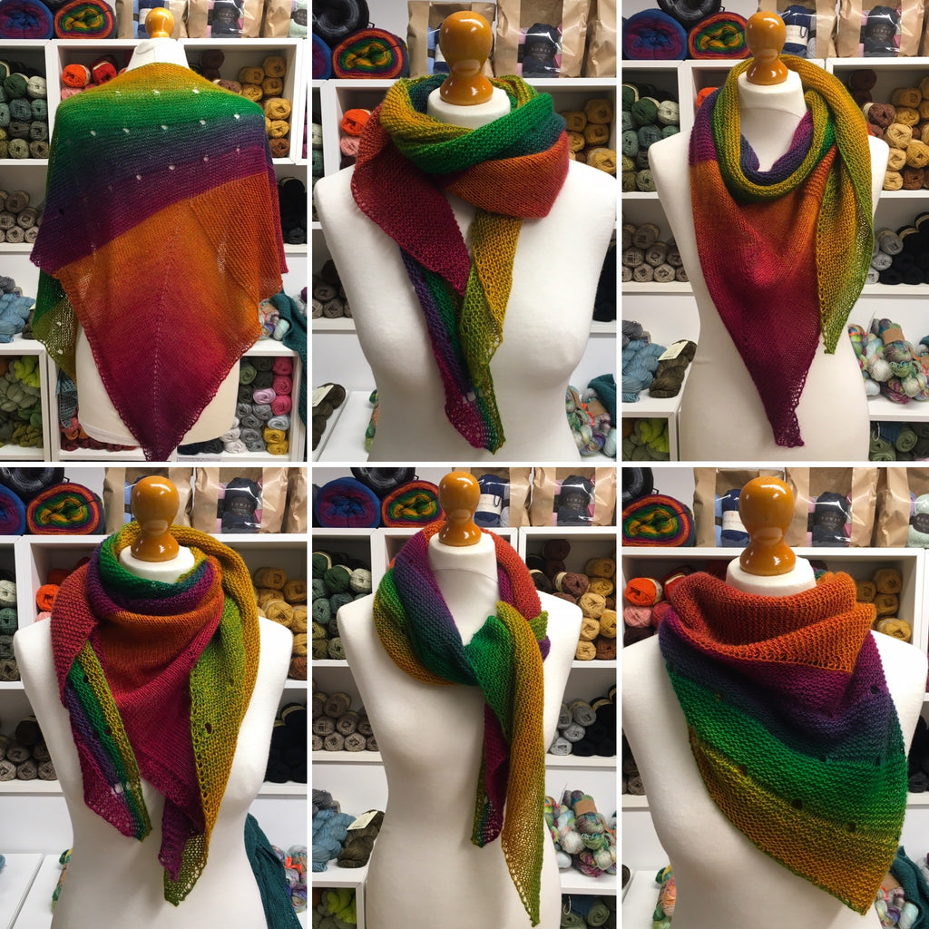 boldly coloured shawl worn in 6 ways
