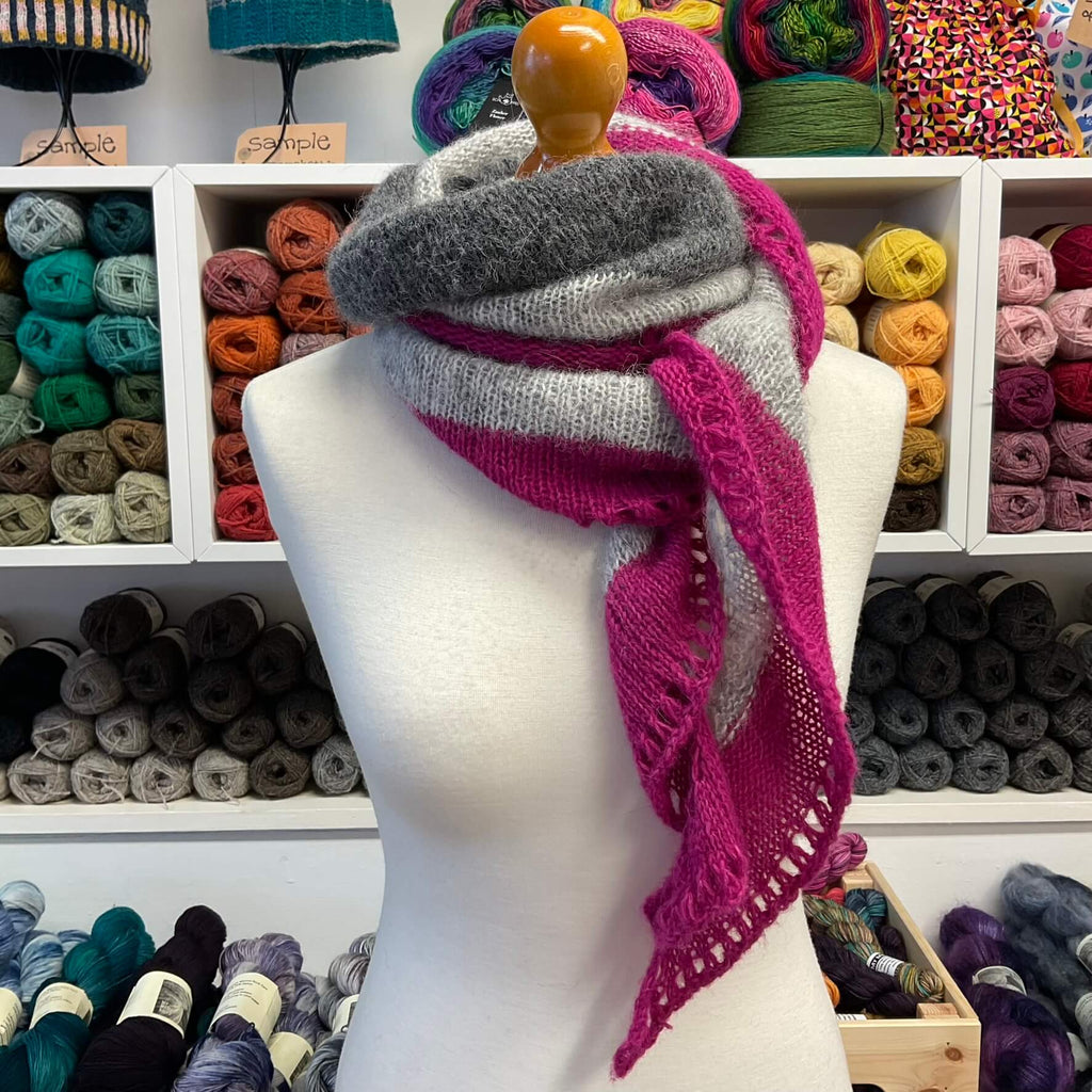 grey and pink scarf