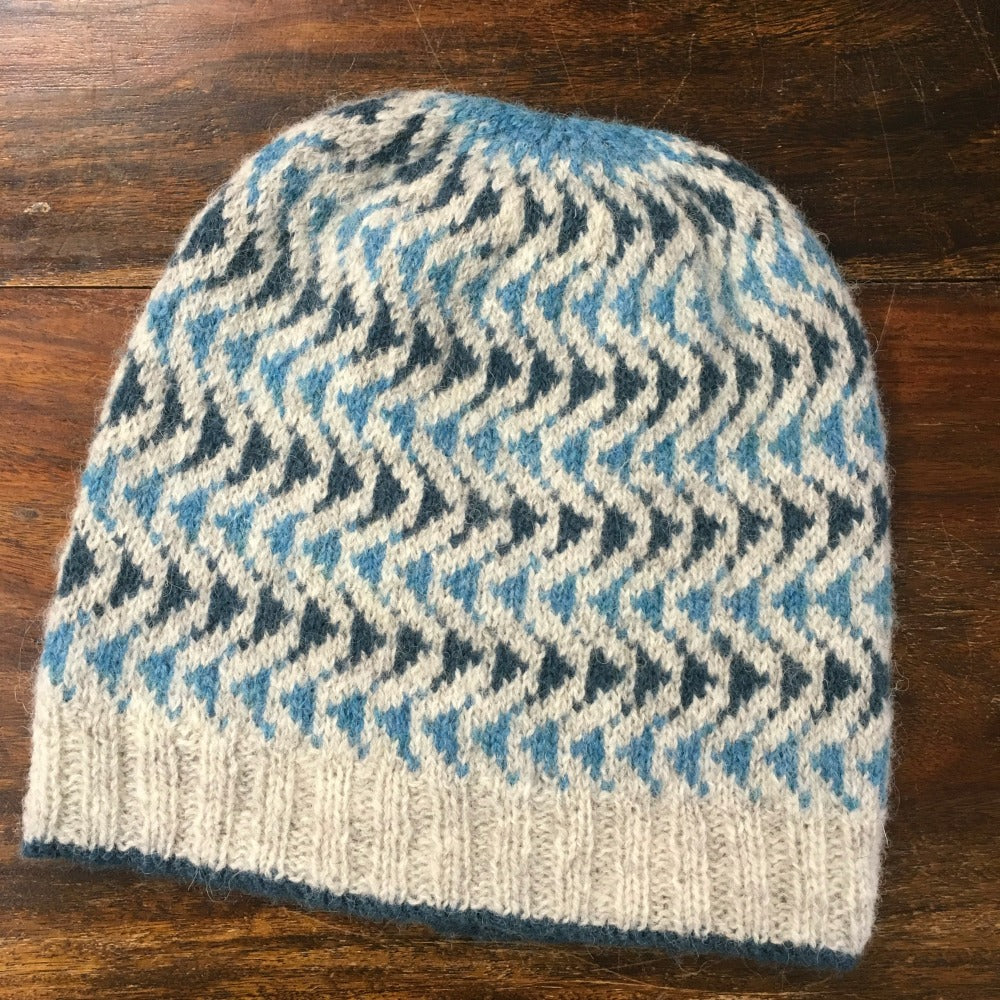 colour work hat in blues