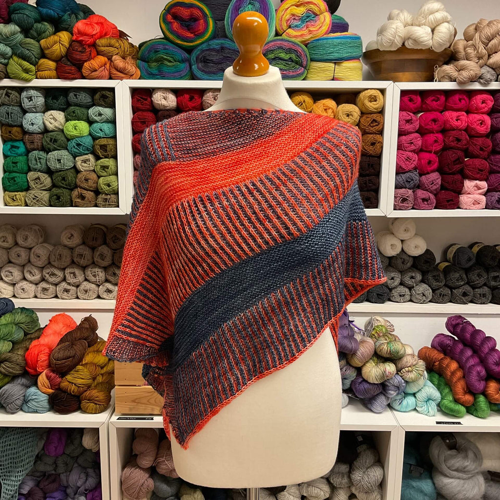 orange and blue brioche shawl