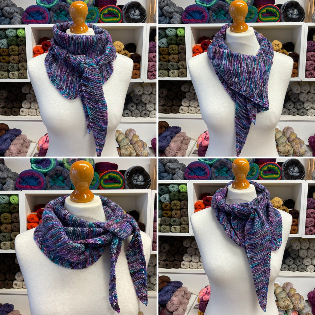 purple handknit shawl worn in 4 different ways