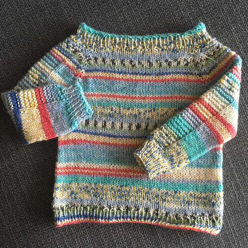 flax light stripey baby jumper in Opal sockyarn