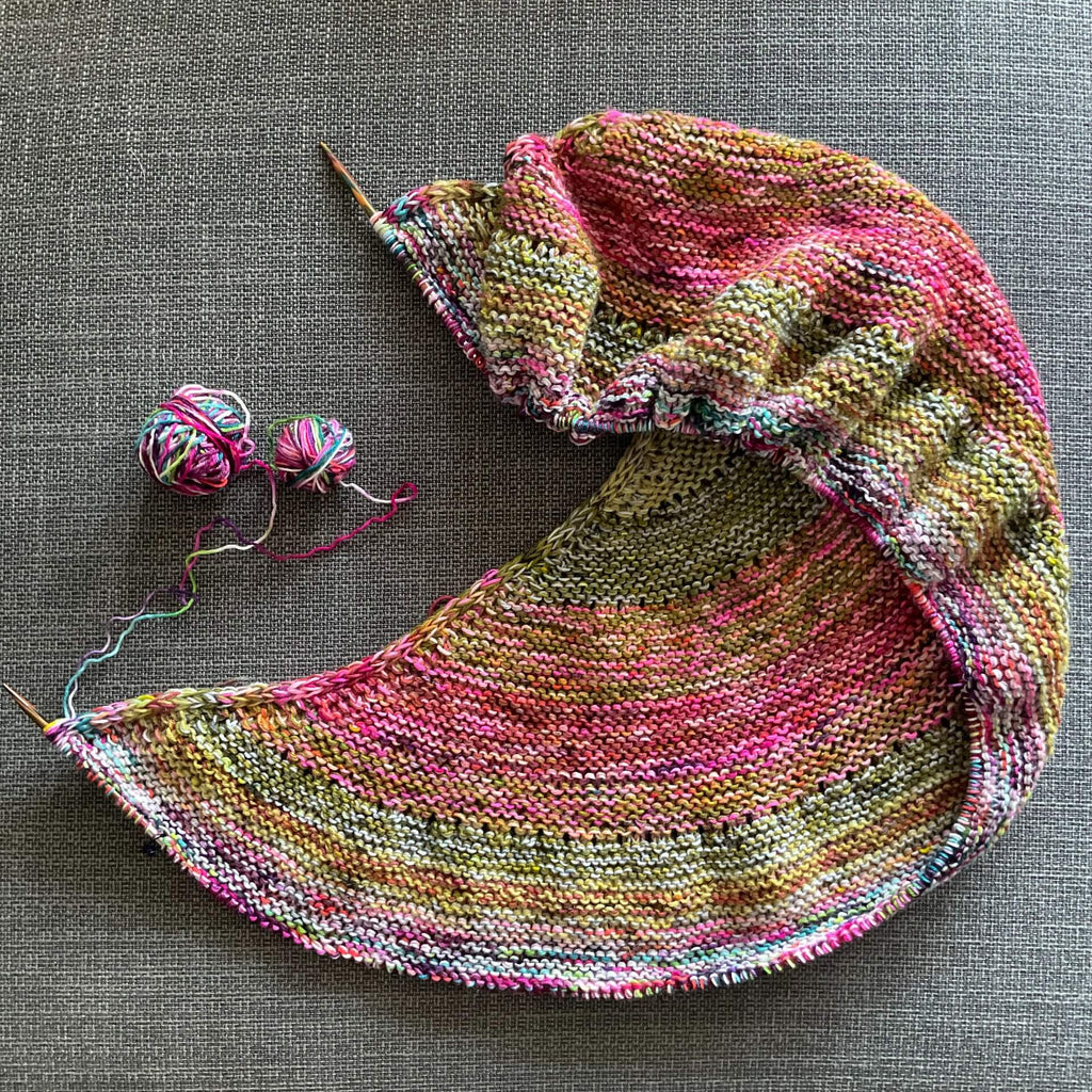 unfinished blended marled shawl in pink and green