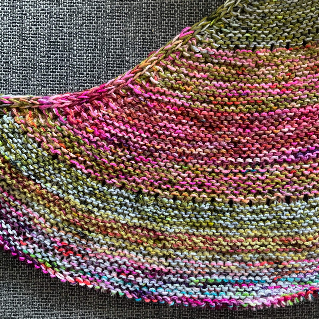 pink and green shawl in blended 4ply at the woolly brew