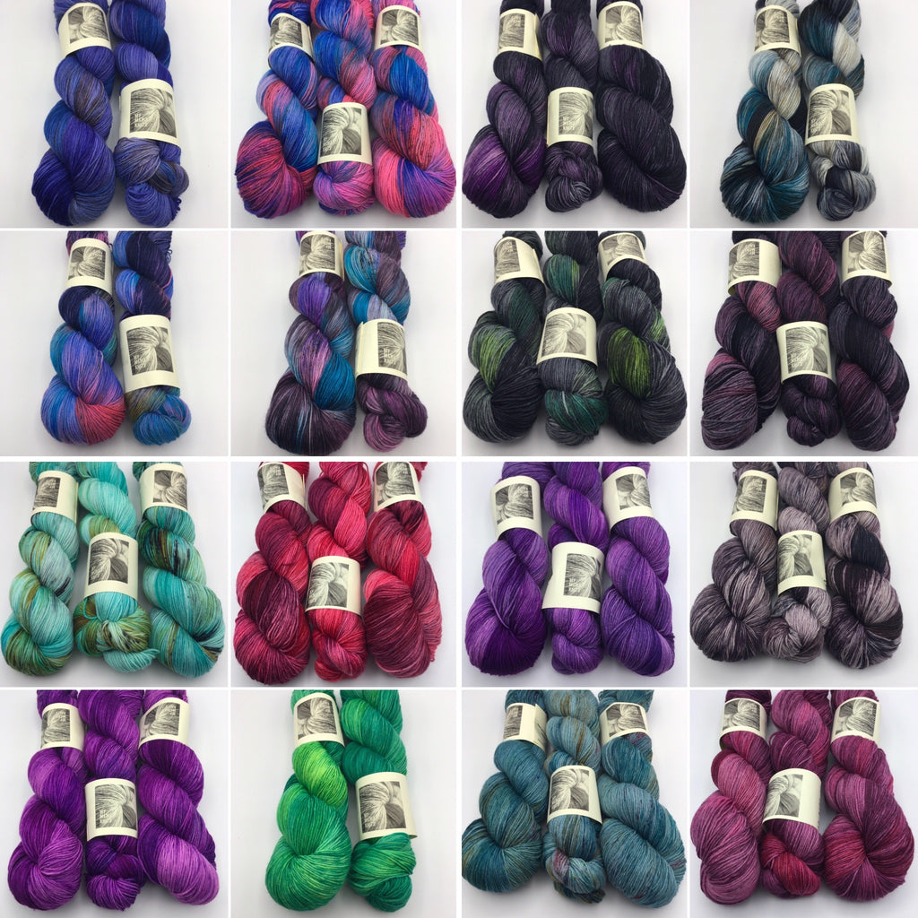 16 shades of hand dyed sock yarn