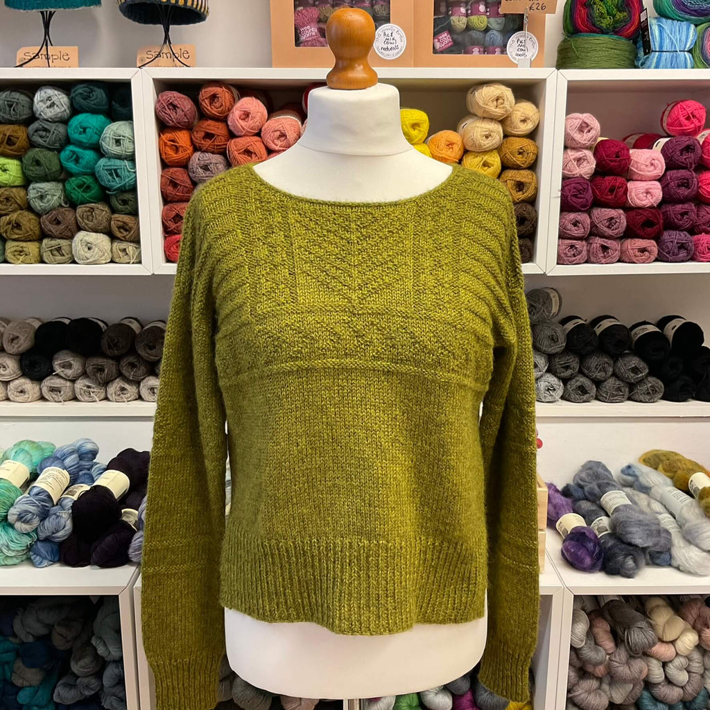 green gansey inspired knitted jumper