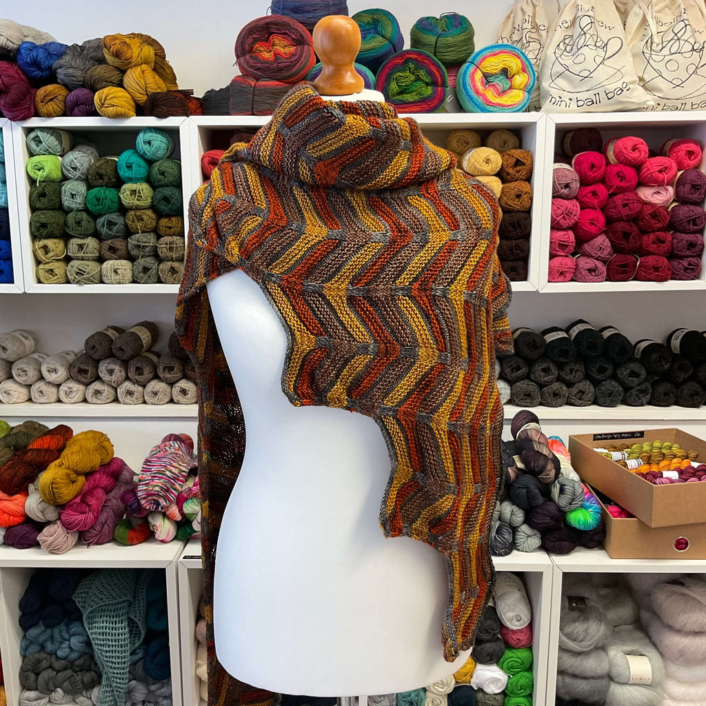 burnt oranges chevron patterned knitted shawl