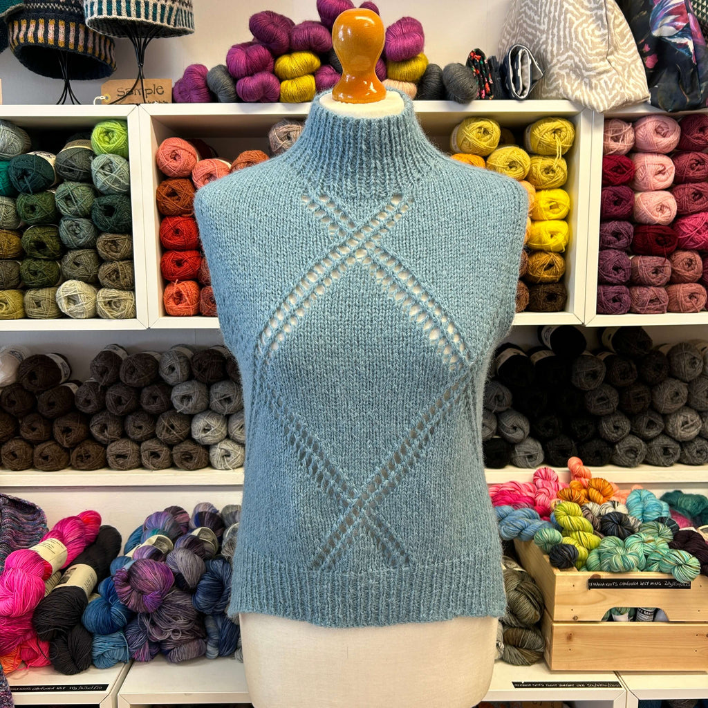 pale blue vest top with diamond lace pattern