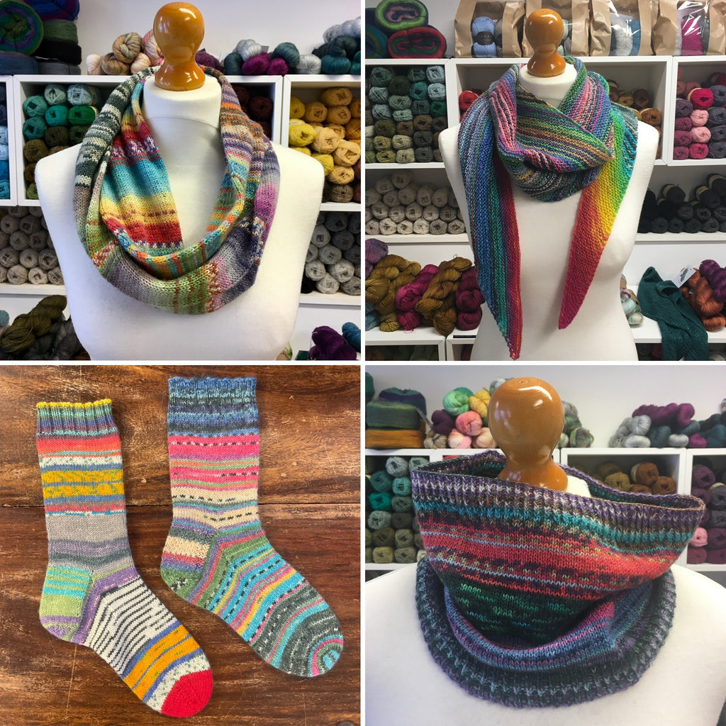 cowls, scarves and socks in small amounts of leftover multicoloured yarn 