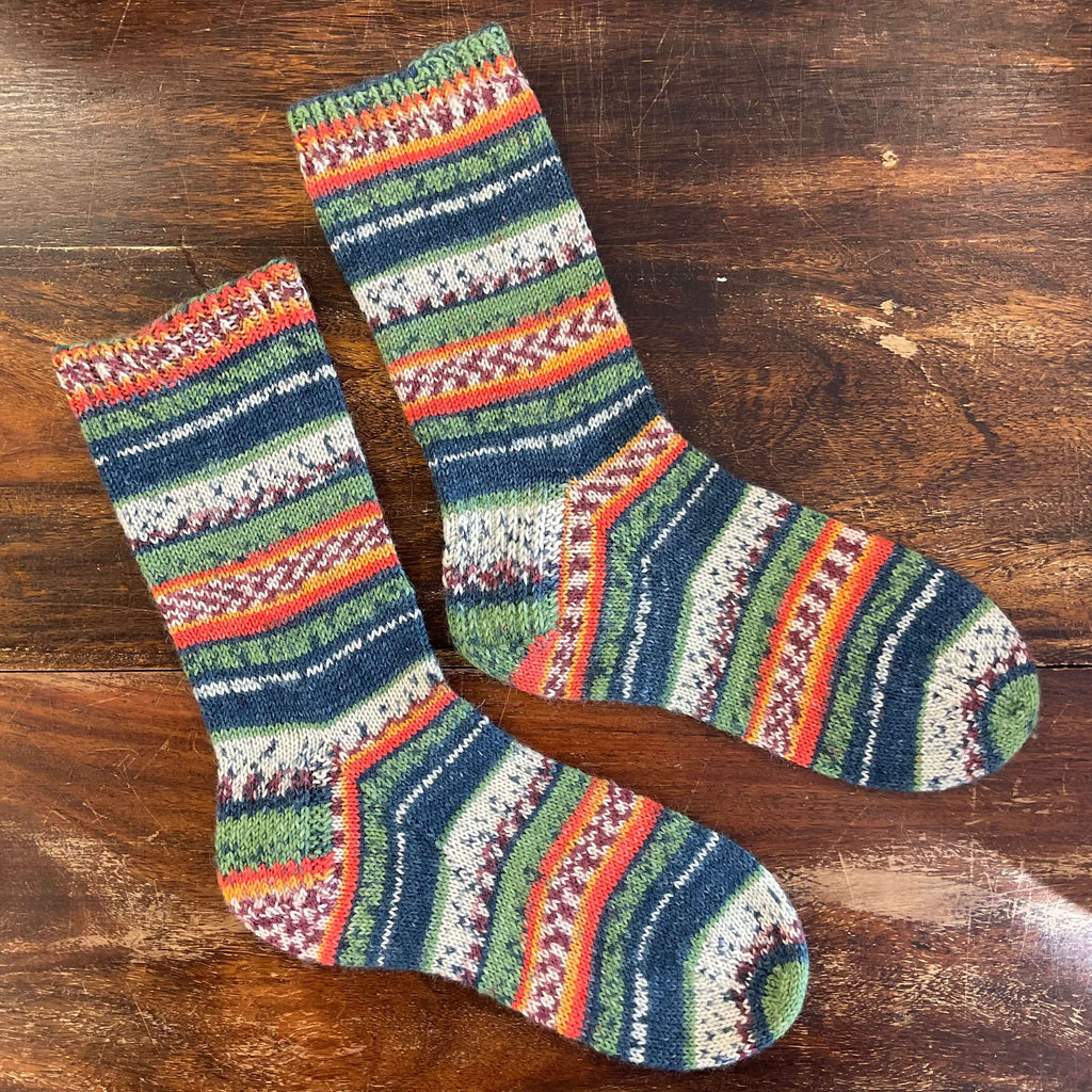 blue and orange self patterning socks