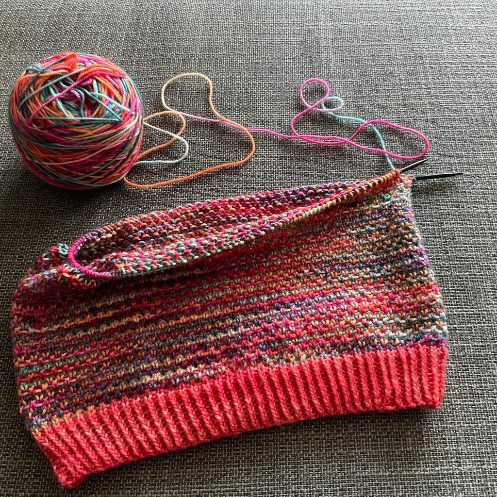 multicoloured linen stitch cowl