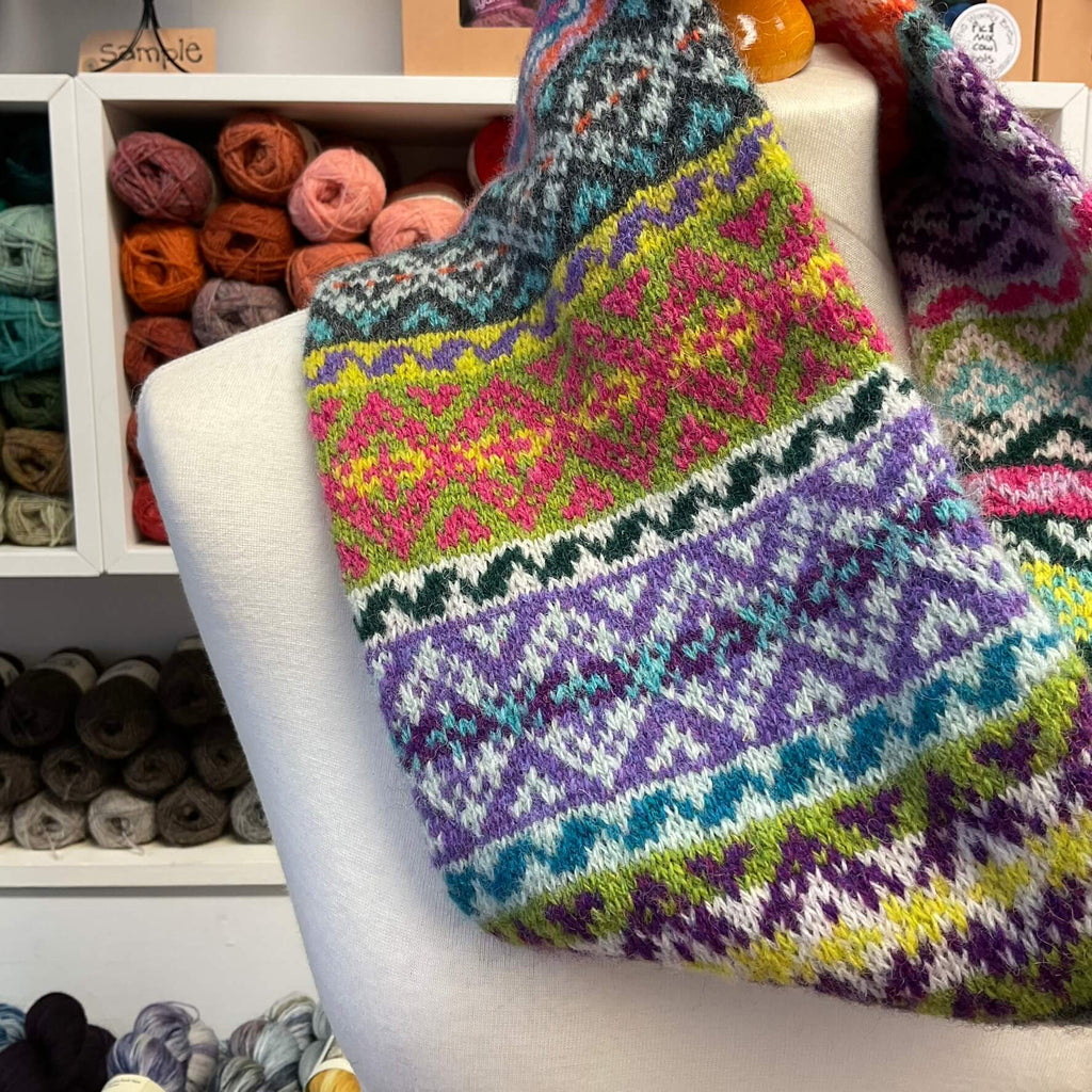 brightly coloured stranded colourwork cowl
