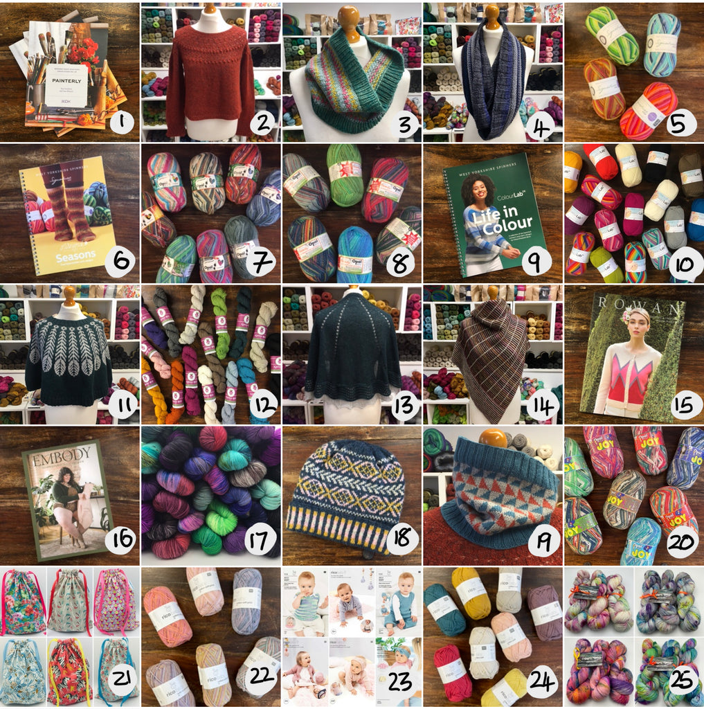 lots of yarn, patterns and knitted samples