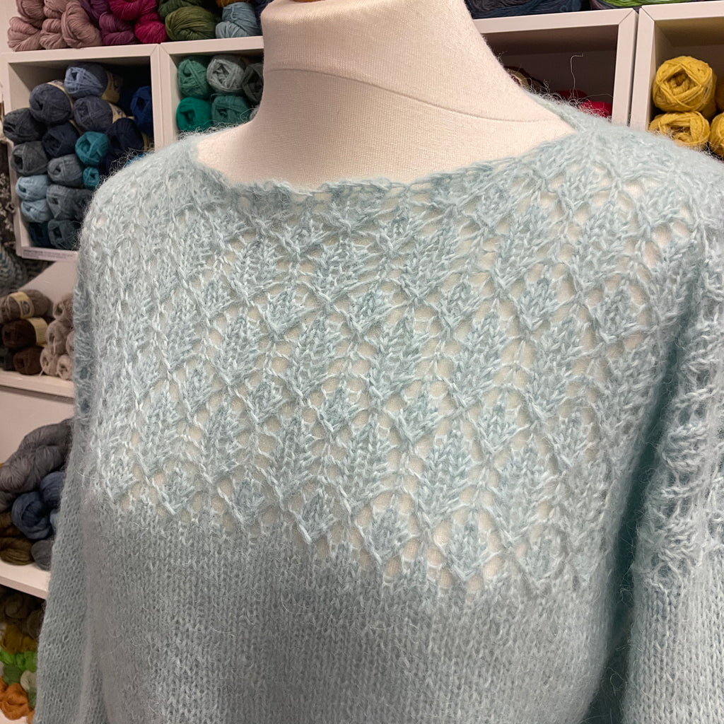 ice blue hand knit alpaca sweater with lace yoke