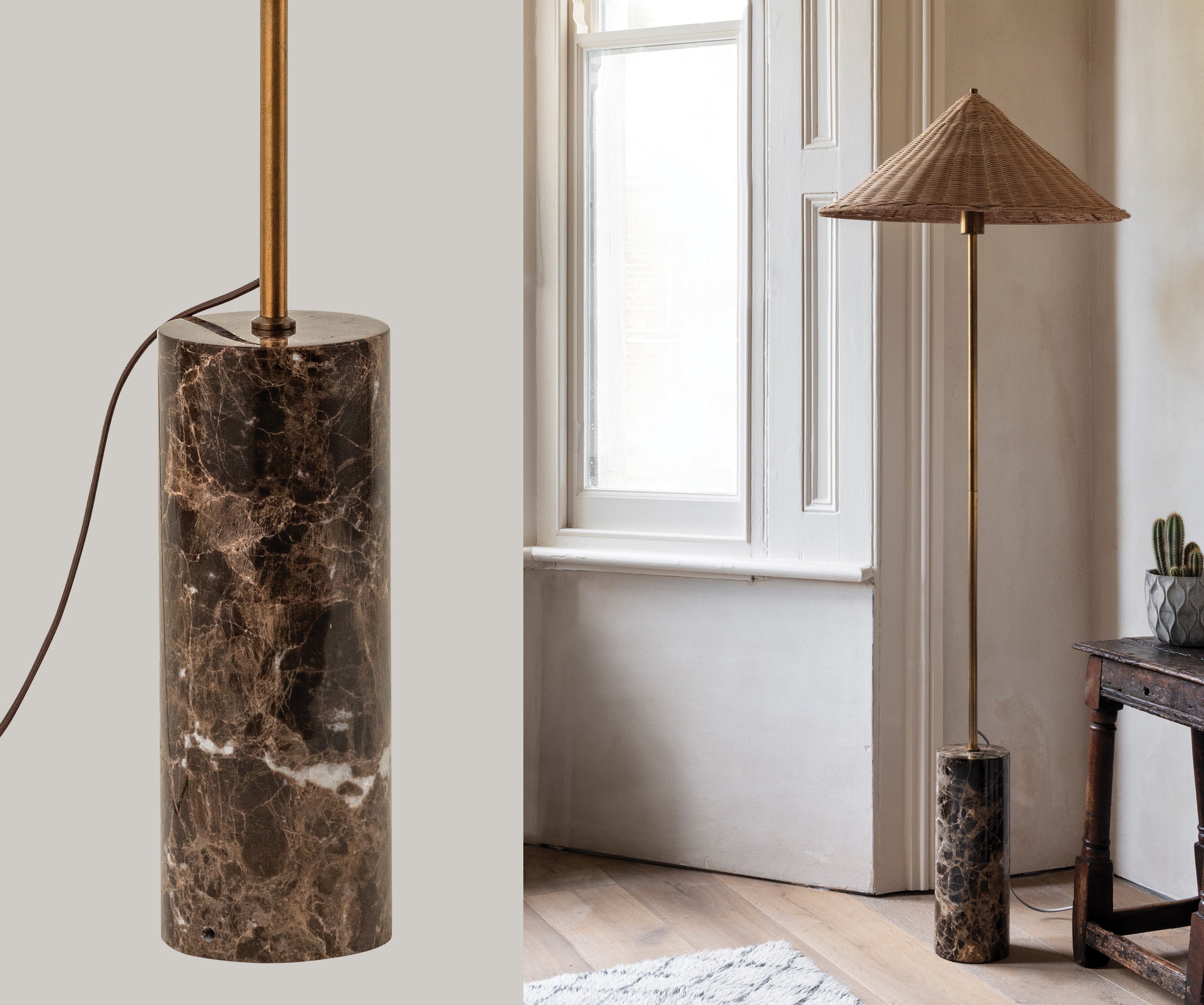Ardini - 1 light rattan and brown marble floor lamp | Floor Lamp | lightsandlamps.com