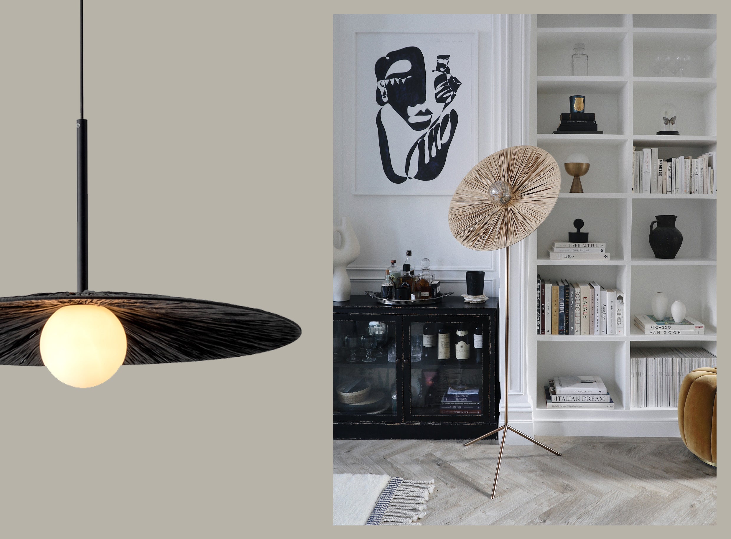 Ridotti - 1 Light Natural Raffia and Burnished Brass Floor Lamp | Floor Lamp | lightsandlamps.com
