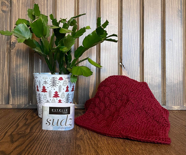 Dark red knitted dishcloth displayed with the SUDZ yarn wrapper and a Thanksgiving cactus is a Christmas themed pot.